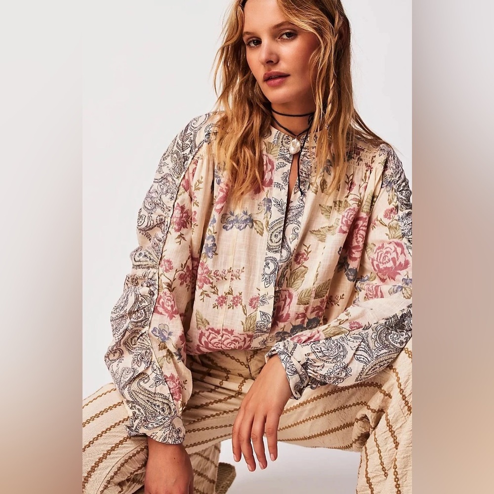 Free People Maraya printed button down top in Antique Combo 100% cotton Small